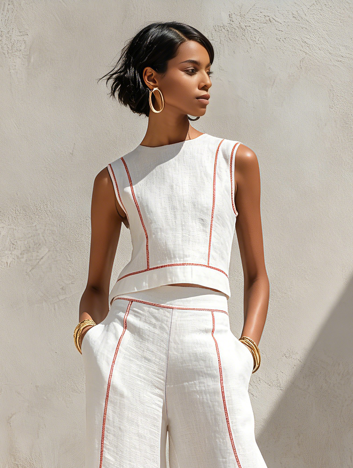 Conjunto de Lino Valeria™ – Elegancia Natural con Costuras en Contrast