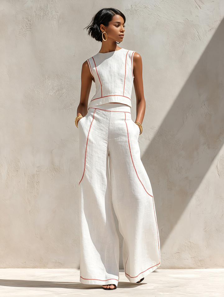 Conjunto de Lino Valeria™ – Elegancia Natural con Costuras en Contrast