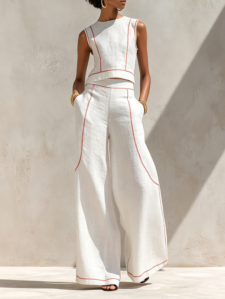 Conjunto de Lino Valeria™ – Elegancia Natural con Costuras en Contrast