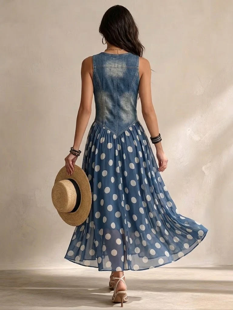 Valeria™ | Vestido Vaquero Elegante con Falda de Gasa de Lunares