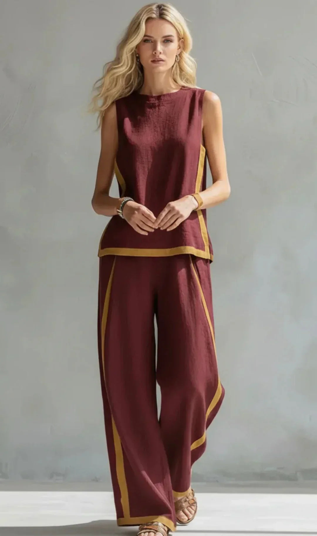 Conjunto de Lino Valeria™ – Elegancia Natural con Costuras en Contrast