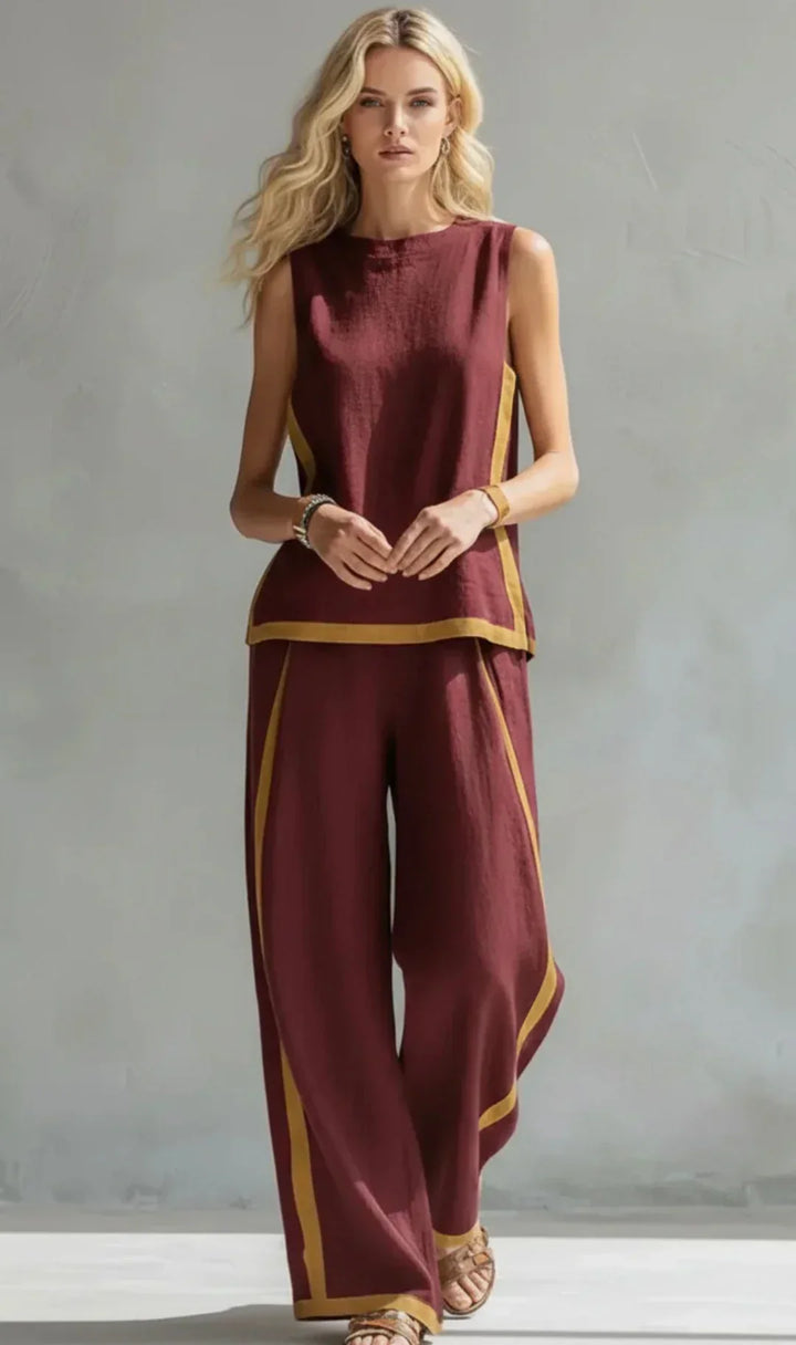 Conjunto de Lino Valeria™ – Elegancia Natural con Costuras en Contrast