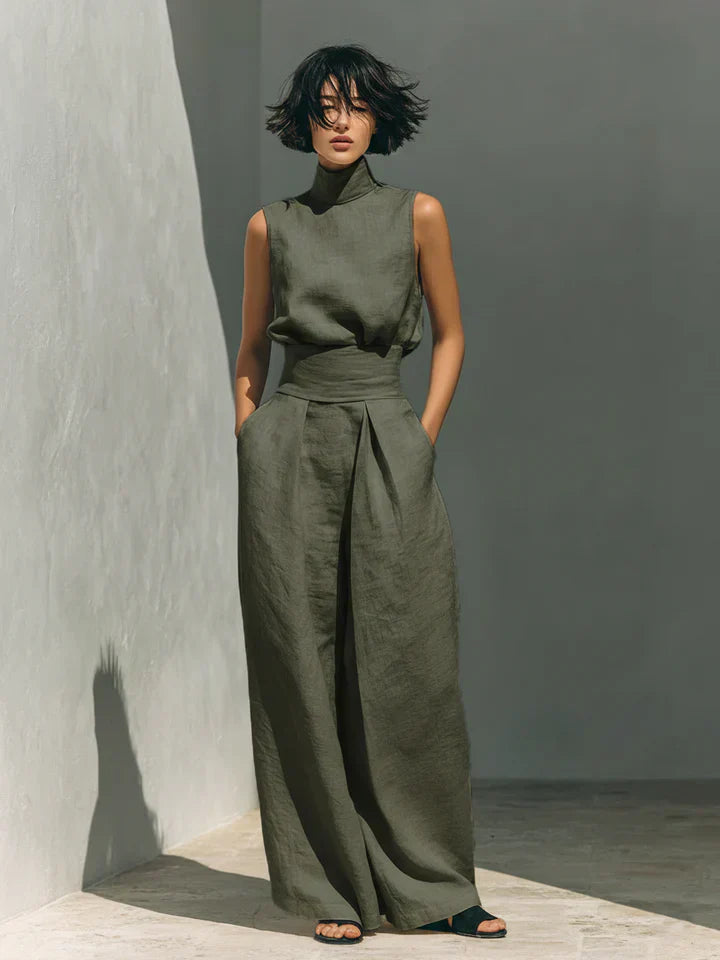 Flor™ | Conjunto minimalista de top y pantalones de pierna ancha en algodón y lino para mujer
