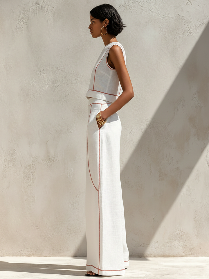Conjunto de Lino Valeria™ – Elegancia Natural con Costuras en Contrast