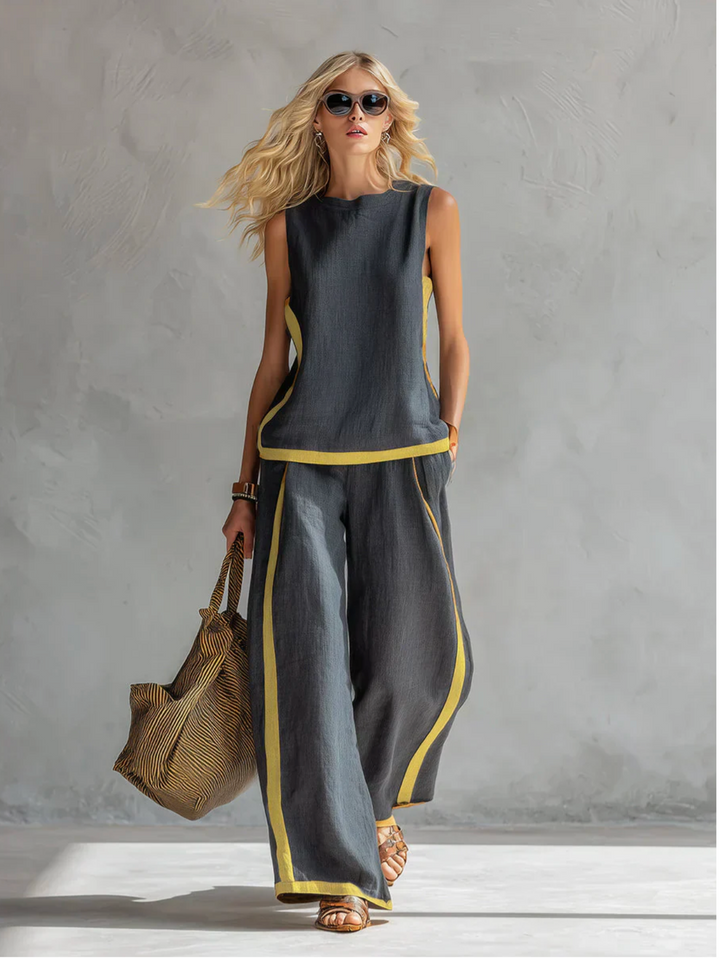 Conjunto de Lino Valeria™ – Elegancia Natural con Costuras en Contrast