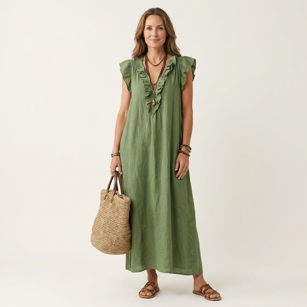 Elena™ | Vestido Largo con Cuello en V y Volantes