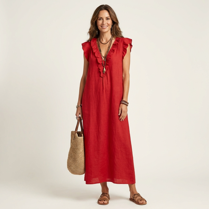 Elena™ | Vestido Largo con Cuello en V y Volantes