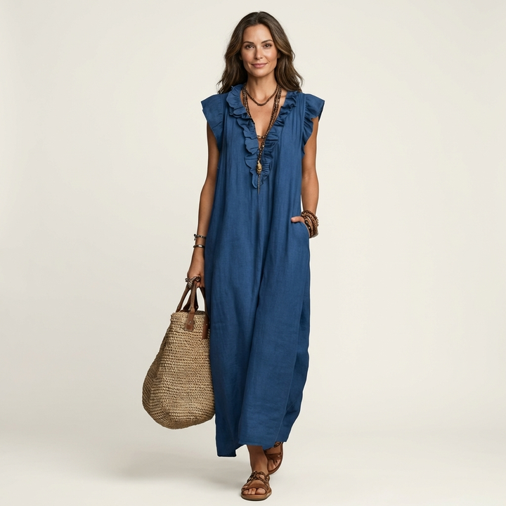 Elena™ | Vestido Largo con Cuello en V y Volantes