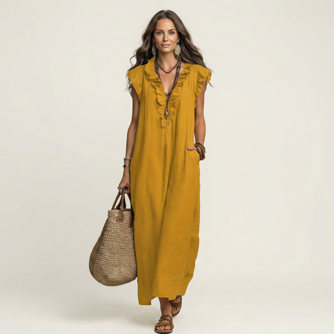 Elena™ | Vestido Largo con Cuello en V y Volantes