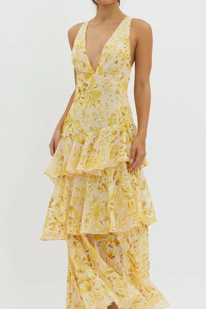 Maya - Vestido largo floral con volantes